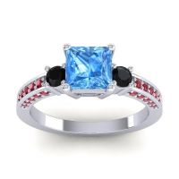 Swiss Blue Topaz Ring In Palladium With Black Onyx And Ruby Stambha Princess Three-stone Ring