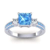 Swiss Blue Topaz Ring In Palladium With Lab Diamond Stambha Princess Three-stone Ring