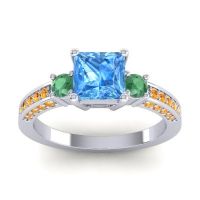Swiss Blue Topaz Ring In Palladium With Emerald And Citrine Stambha Princess Three-stone Ring