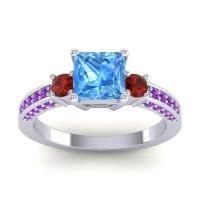 Swiss Blue Topaz Ring In Palladium With Garnet And Amethyst Stambha Princess Three-stone Ring