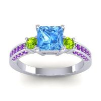 Swiss Blue Topaz Ring In Palladium With Peridot And Amethyst Stambha Princess Three-stone Ring