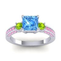 Swiss Blue Topaz Ring In Palladium With Peridot And Pink Tourmaline Stambha Princess Three-stone Ring