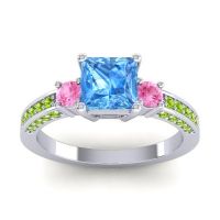 Swiss Blue Topaz Ring In 14k White Gold With Pink Tourmaline And Peridot Stambha Princess Three-stone Ring