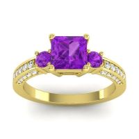 Amethyst Engagement Ring In 14k Yellow Gold With Diamond - Stambha Princess Three-stone Ring