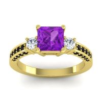 Amethyst Ring In 14k Yellow Gold With Diamond And Black Onyx Stambha Princess Three-stone Ring