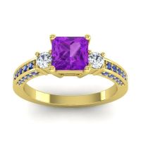 Amethyst Ring In 14k Yellow Gold With Lab Diamond And Blue Sapphire Stambha Princess Three-stone Ring
