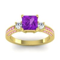 Amethyst Ring In 14k Yellow Gold With Lab Diamond And Pink Tourmaline Stambha Princess Three-stone Ring