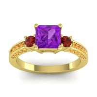 Amethyst Ring In 18k Yellow Gold With Garnet And Citrine Stambha Princess Three-stone Ring