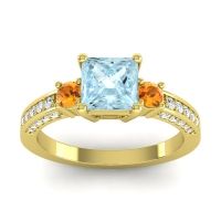 Aquamarine Ring In 14k Yellow Gold With Citrine And Lab Diamond Stambha Princess Three-stone Ring