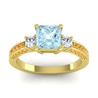 Aquamarine Ring In 18k Yellow Gold With Diamond And Citrine Stambha Princess Three-stone Ring