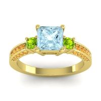 Aquamarine Ring In 18k Yellow Gold With Peridot And Citrine Stambha Princess Three-stone Ring