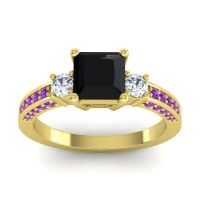Black Onyx Ring In 14k Yellow Gold With Diamond And Amethyst Stambha Princess Three-stone Ring