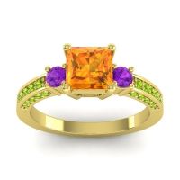 Citrine Ring In 18k Yellow Gold With Amethyst And Peridot Stambha Princess Three-stone Ring