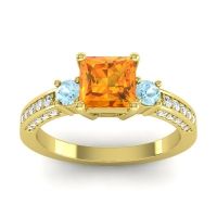 Citrine Ring In 14k Yellow Gold With Aquamarine And Lab Diamond Stambha Princess Three-stone Ring