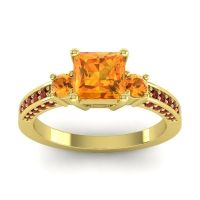 Citrine Ring In 18k Yellow Gold With Garnet Stambha Princess Three-stone Ring