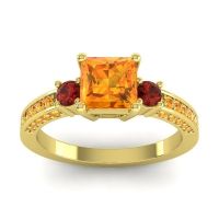 Citrine Ring In 18k Yellow Gold With Garnet Stambha Princess Three-stone Ring