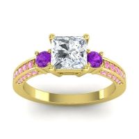 Lab Diamond Ring In 14k Yellow Gold With Amethyst And Pink Tourmaline Stambha Princess Three-stone Ring
