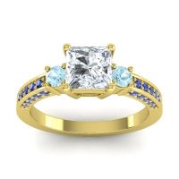 Lab Diamond Ring In 14k Yellow Gold With Aquamarine And Blue Sapphire Stambha Princess Three-stone Ring