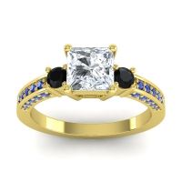 Diamond Ring In 14k Yellow Gold With Black Onyx And Blue Sapphire Stambha Princess Three-stone Ring