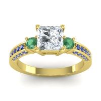 Lab Diamond Ring In 14k Yellow Gold With Emerald And Blue Sapphire Stambha Princess Three-stone Ring