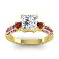 Lab Diamond Ring In 14k Yellow Gold With Garnet And Amethyst Stambha Princess Three-stone Ring