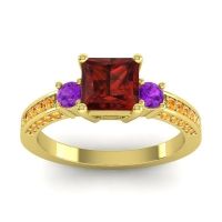 Garnet Ring In 14k Yellow Gold With Amethyst And Citrine Stambha Princess Three-stone Ring