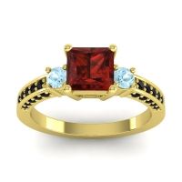 Garnet Ring In 14k Yellow Gold With Aquamarine And Black Onyx Stambha Princess Three-stone Ring