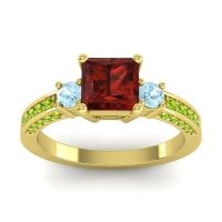 Garnet Ring In 18k Yellow Gold With Aquamarine And Peridot Stambha Princess Three-stone Ring