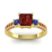 Garnet Ring In 14k Yellow Gold With Blue Sapphire And Ruby Stambha Princess Three-stone Ring