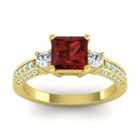 Garnet Ring In 14k Yellow Gold With Lab Diamond And Aquamarine Stambha Princess Three-stone Ring