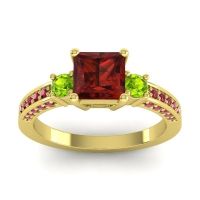 Garnet Ring In 14k Yellow Gold With Peridot And Ruby Stambha Princess Three-stone Ring