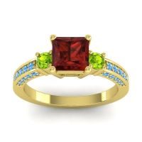 Garnet Ring In 14k Yellow Gold With Peridot And Swiss Blue Topaz Stambha Princess Three-stone Ring