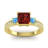 Garnet Ring In 18k Yellow Gold With Swiss Blue Topaz And Lab Diamond Stambha Princess Three-stone Ring