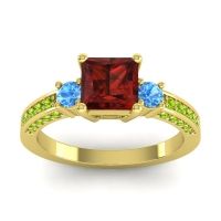 Garnet Ring In 14k Yellow Gold With Swiss Blue Topaz And Peridot Stambha Princess Three-stone Ring