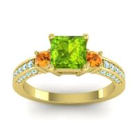 Peridot Ring In 18k Yellow Gold With Citrine And Aquamarine Stambha Princess Three-stone Ring