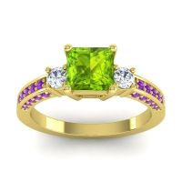 Peridot Ring In 14k Yellow Gold With Lab Diamond And Amethyst Stambha Princess Three-stone Ring