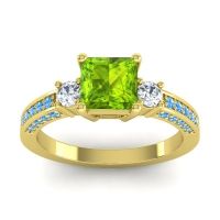 Peridot Ring In 18k Yellow Gold With Diamond And Swiss Blue Topaz Stambha Princess Three-stone Ring