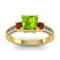 Peridot Ring In 14k Yellow Gold With Garnet And Blue Sapphire Stambha Princess Three-stone Ring