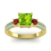 Peridot Ring In 14k Yellow Gold With Garnet And Swiss Blue Topaz Stambha Princess Three-stone Ring