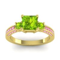 Peridot Ring In 18k Yellow Gold With Pink Tourmaline Stambha Princess Three-stone Ring