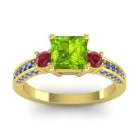 Peridot Ring In 18k Yellow Gold With Ruby And Blue Sapphire Stambha Princess Three-stone Ring