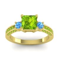 Peridot Ring In 18k Yellow Gold With Swiss Blue Topaz Stambha Princess Three-stone Ring