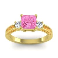 Pink Tourmaline Ring In 14k Yellow Gold With Lab Diamond And Citrine Stambha Princess Three-stone Ring