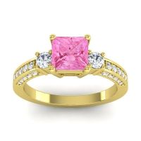 Pink Tourmaline Engagement Ring In 14k Yellow Gold With Lab Diamond And Diamond - Stambha Princess Three-stone Ring
