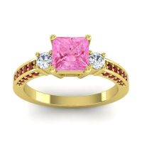 Pink Tourmaline Ring In 14k Yellow Gold With Lab Diamond And Garnet Stambha Princess Three-stone Ring