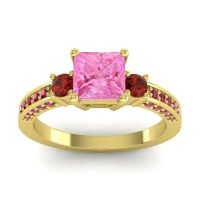 Pink Tourmaline Ring In 18k Yellow Gold With Garnet And Ruby Stambha Princess Three-stone Ring