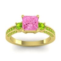 Pink Tourmaline Ring In 18k Yellow Gold With Peridot Stambha Princess Three-stone Ring
