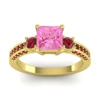 Pink Tourmaline Ring In 18k Yellow Gold With Ruby And Garnet Stambha Princess Three-stone Ring