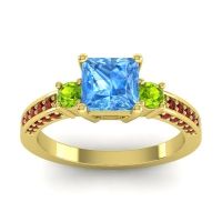 Swiss Blue Topaz Ring In 14k Yellow Gold With Peridot And Garnet Stambha Princess Three-stone Ring