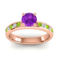 Amethyst Ring In 14K Rose Gold With Peridot And Lab Diamond Dharma Round Classic Ring